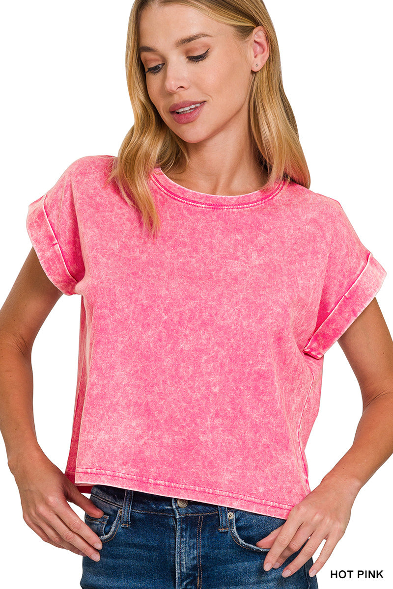 Washed cotton cuffed short sleeve top