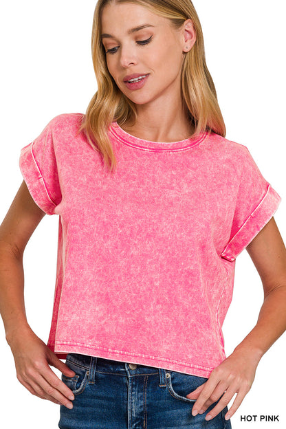 Washed cotton cuffed short sleeve top