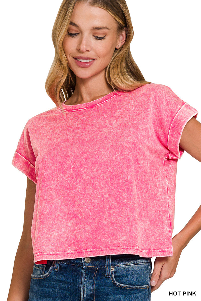Washed cotton cuffed short sleeve top
