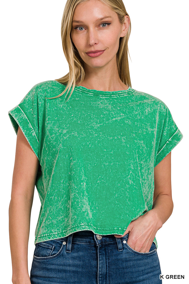 Washed cotton cuffed short sleeve top