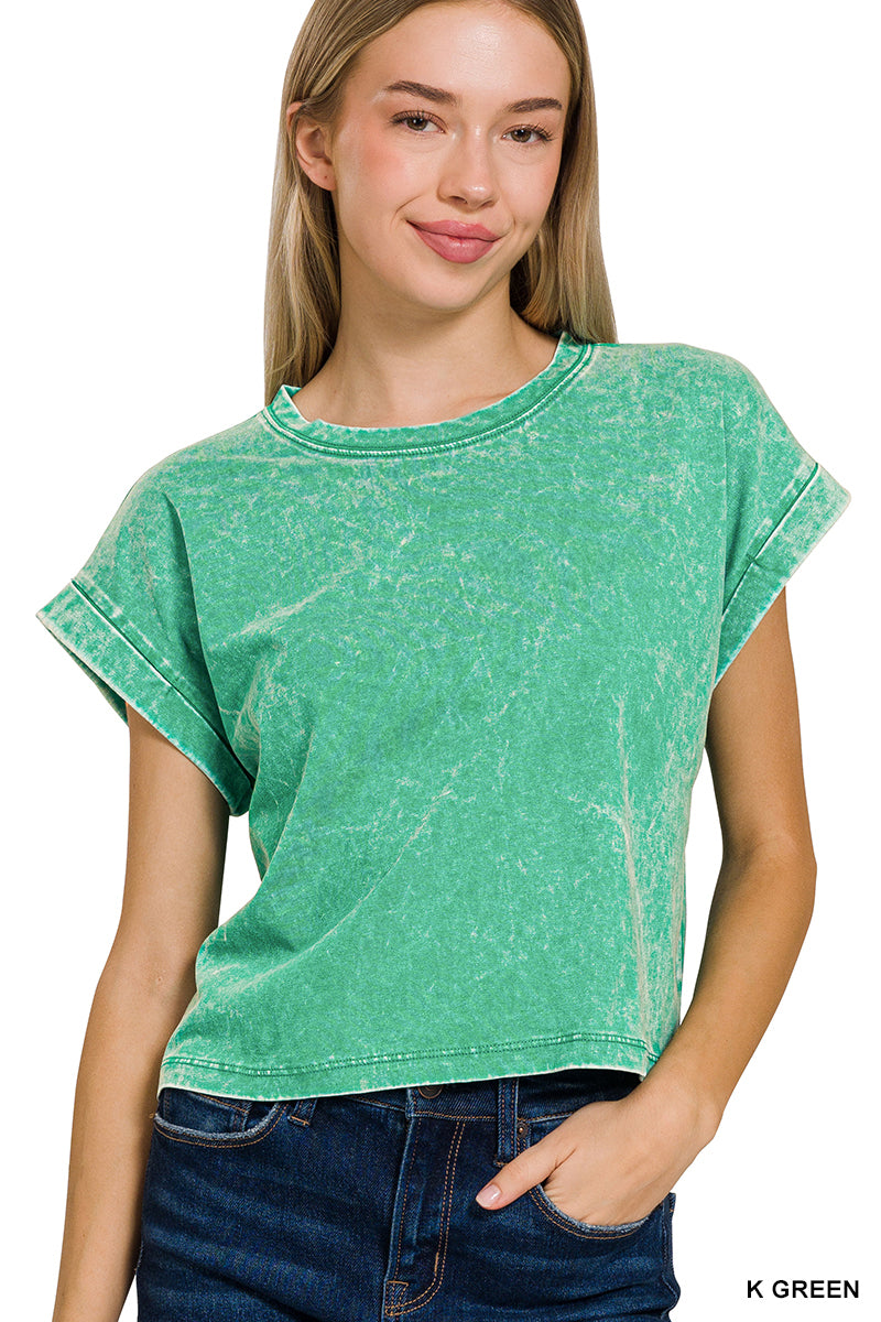 Washed cotton cuffed short sleeve top