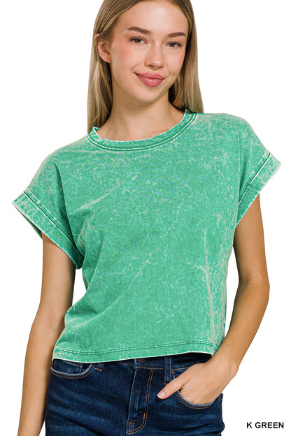 Washed cotton cuffed short sleeve top