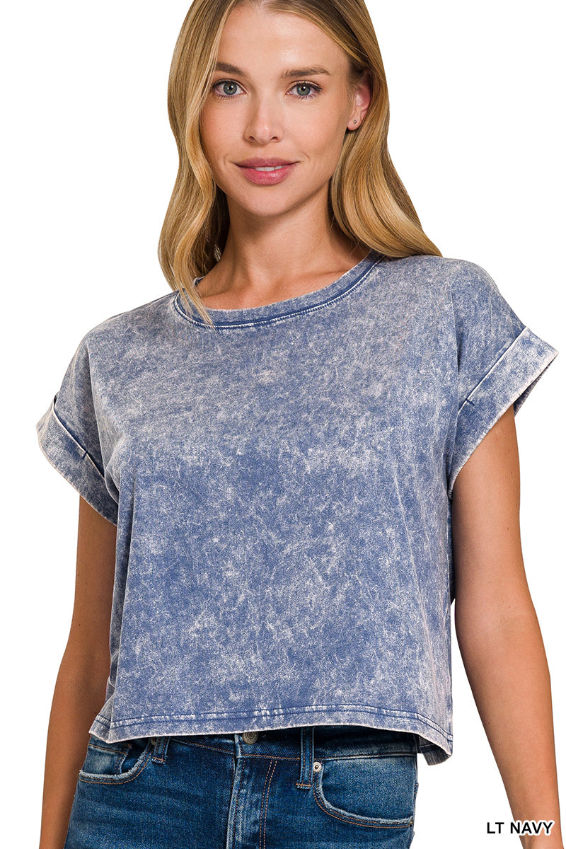 Washed cotton cuffed short sleeve top