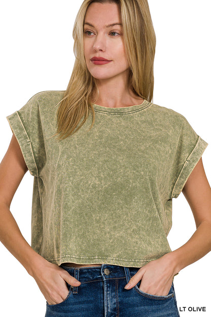 Washed cotton cuffed short sleeve top