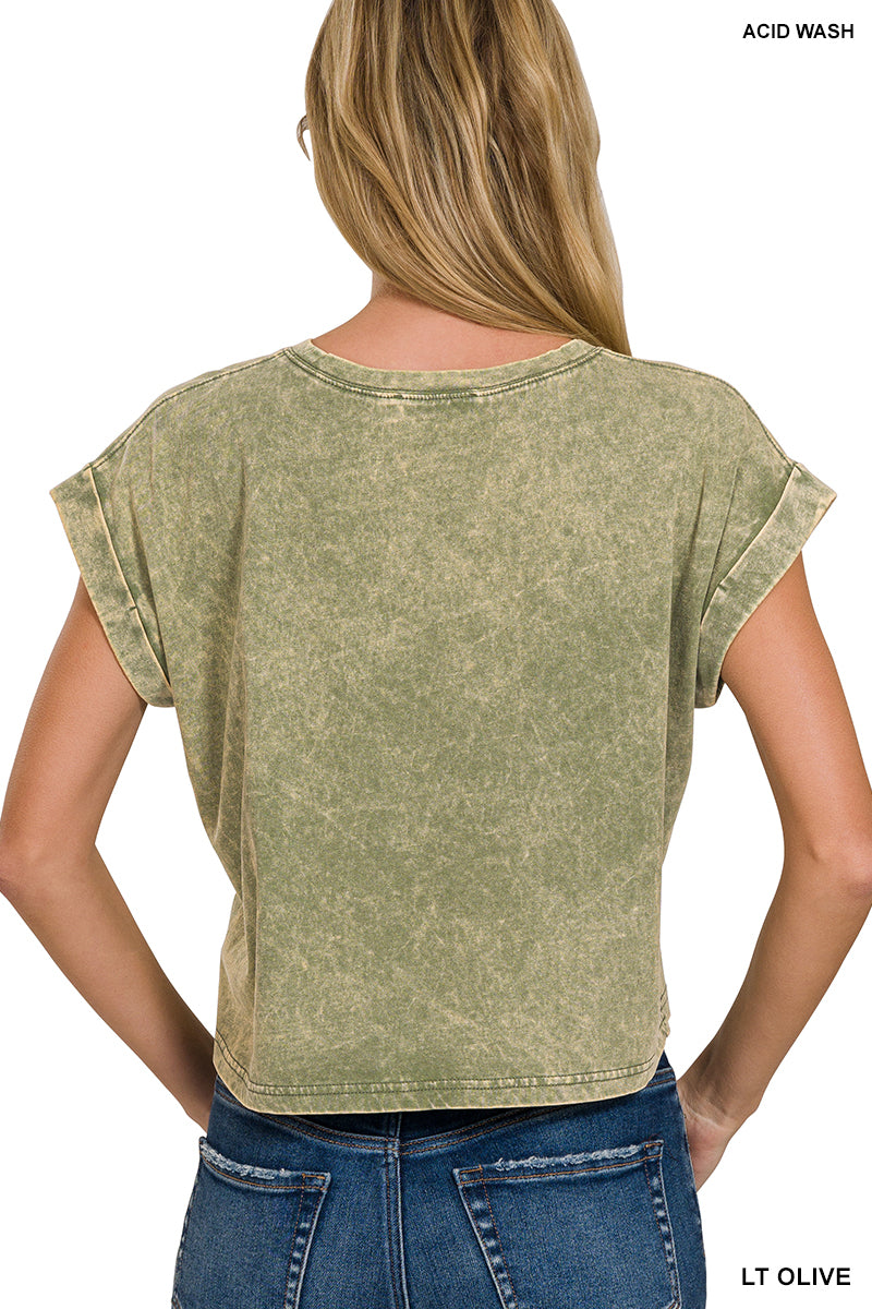 Washed cotton cuffed short sleeve top