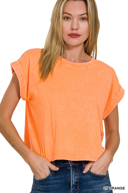 Washed cotton cuffed short sleeve top