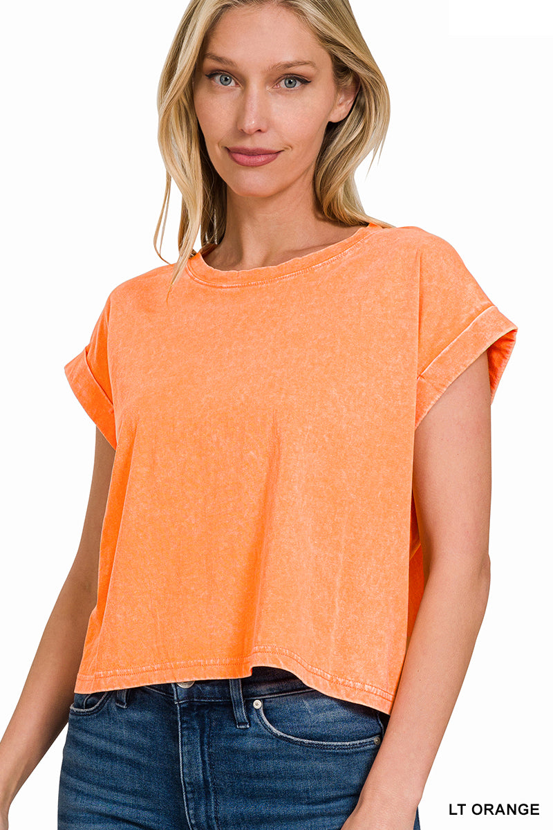 Washed cotton cuffed short sleeve top