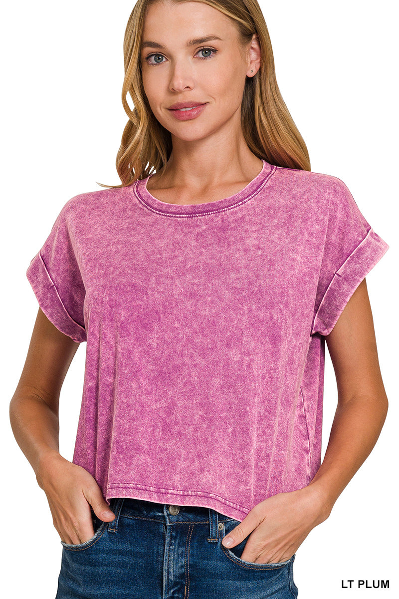 Washed cotton cuffed short sleeve top