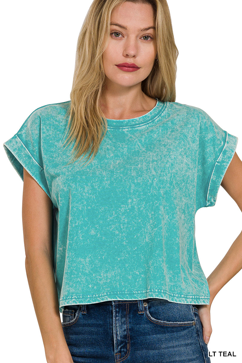 Washed cotton cuffed short sleeve top