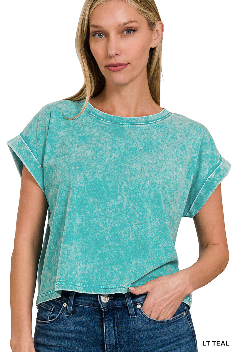 Washed cotton cuffed short sleeve top