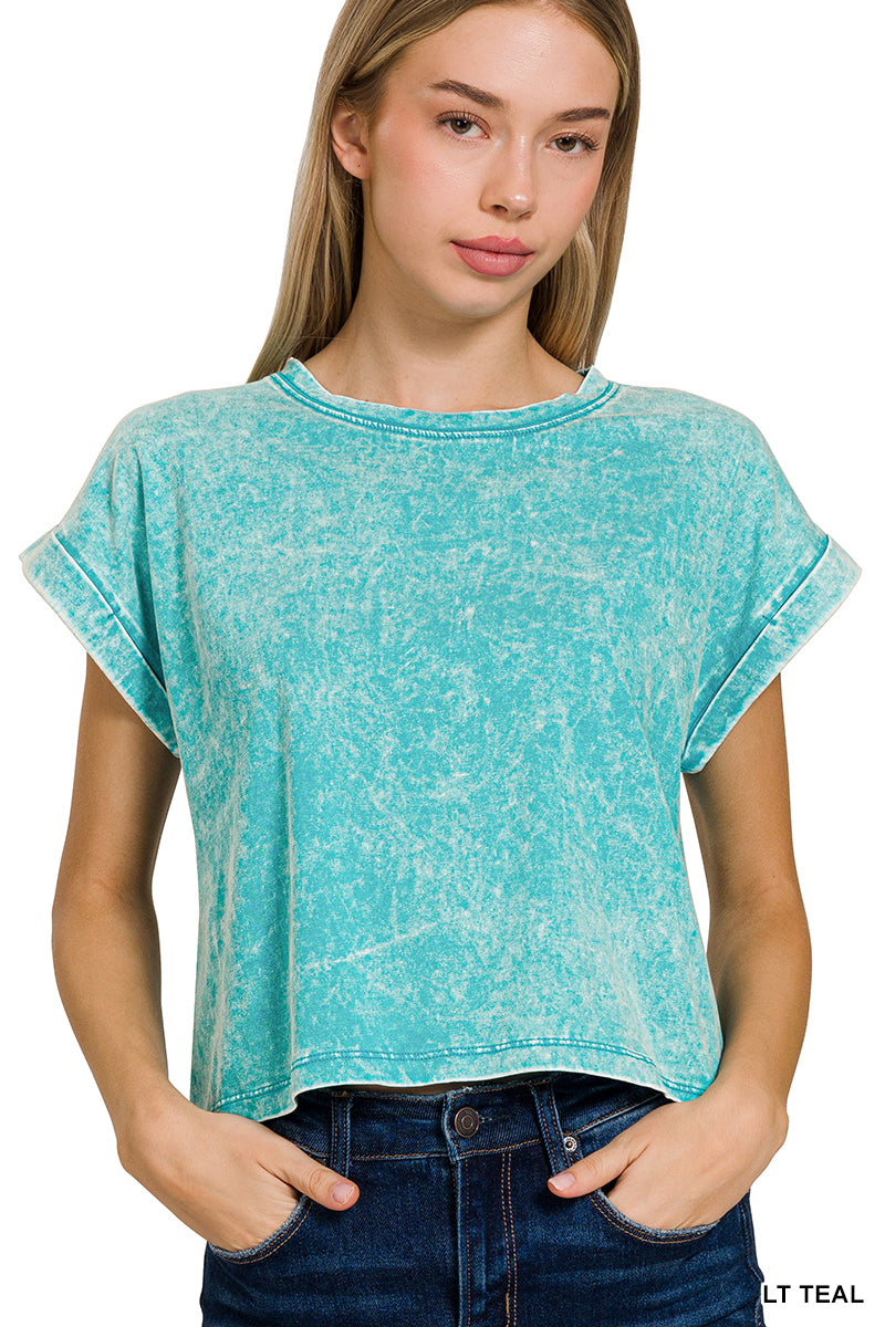 Washed cotton cuffed short sleeve top