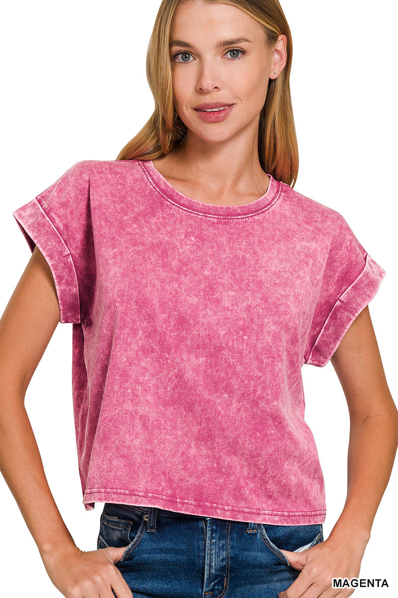 Washed cotton cuffed short sleeve top