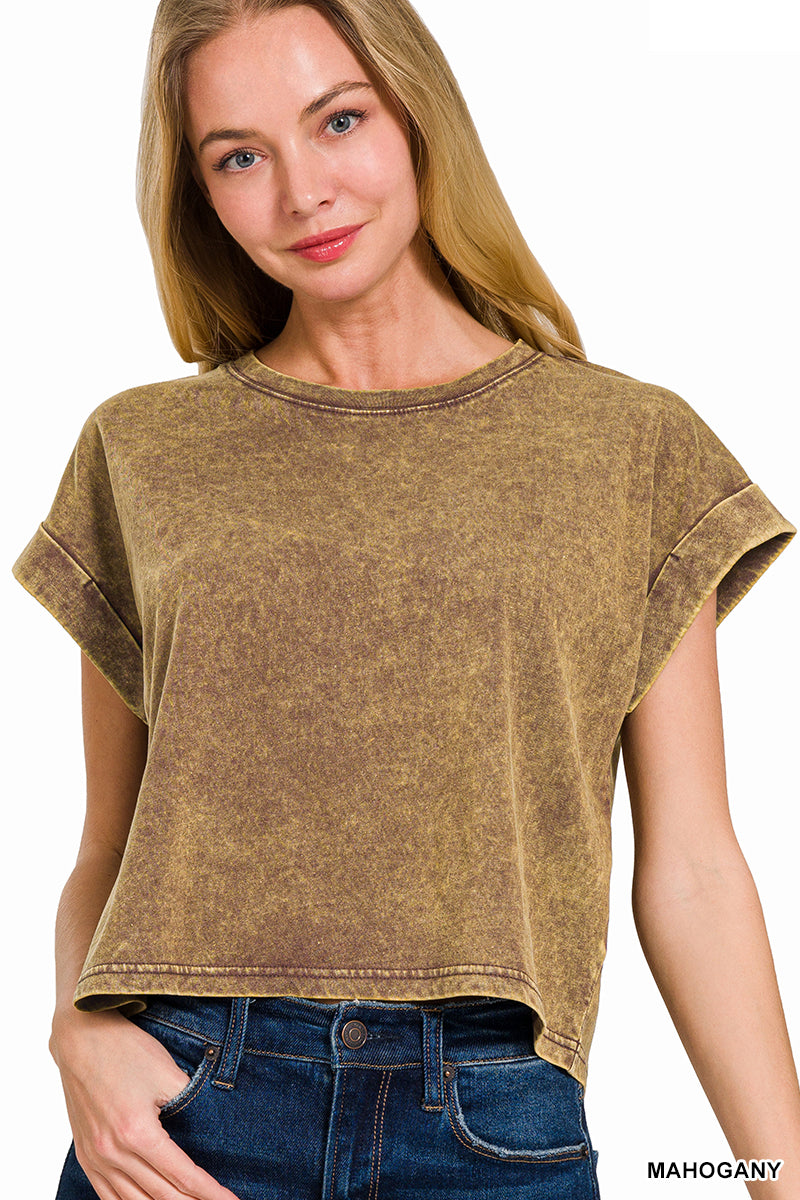 Washed cotton cuffed short sleeve top