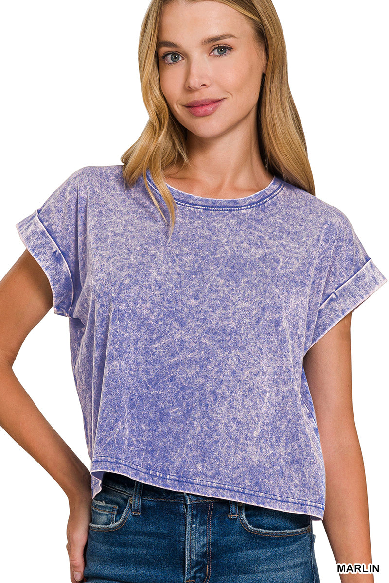 Washed cotton cuffed short sleeve top
