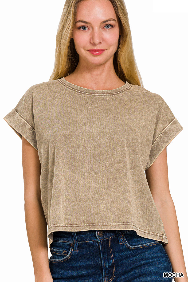 Washed cotton cuffed short sleeve top