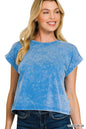 Washed cotton cuffed short sleeve top