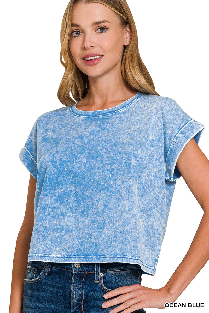 Washed cotton cuffed short sleeve top