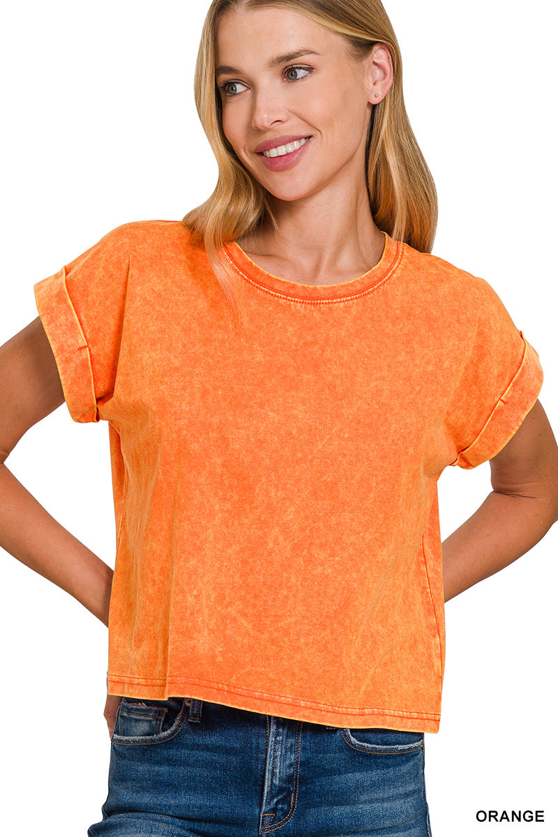 Washed cotton cuffed short sleeve top