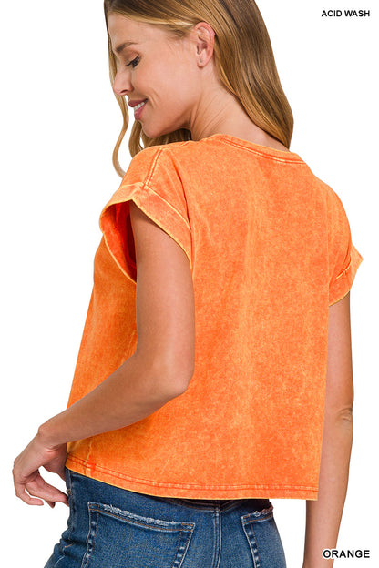 Washed cotton cuffed short sleeve top
