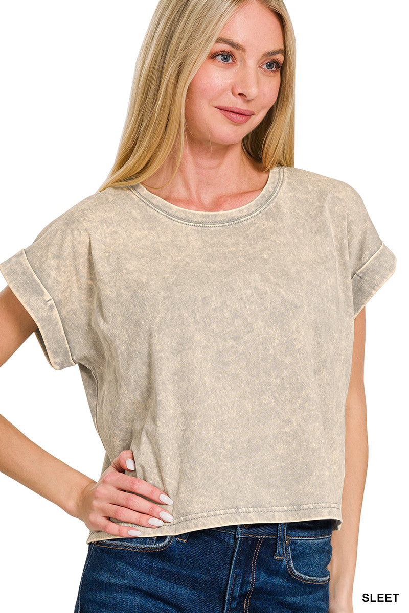 Washed cotton cuffed short sleeve top