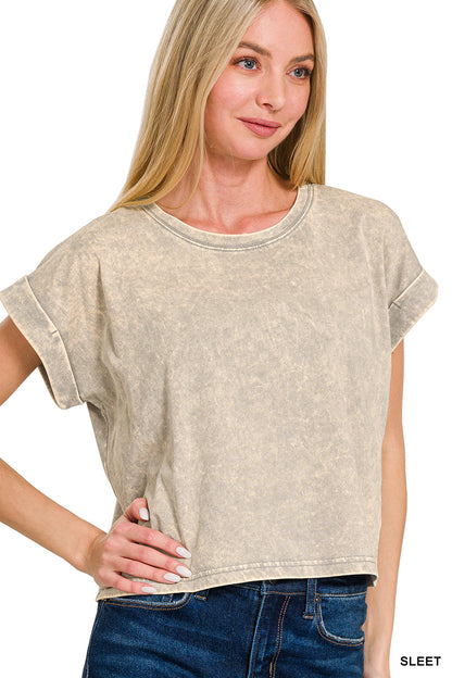 Washed cotton cuffed short sleeve top