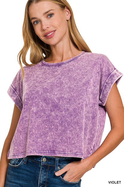 Washed cotton cuffed short sleeve top