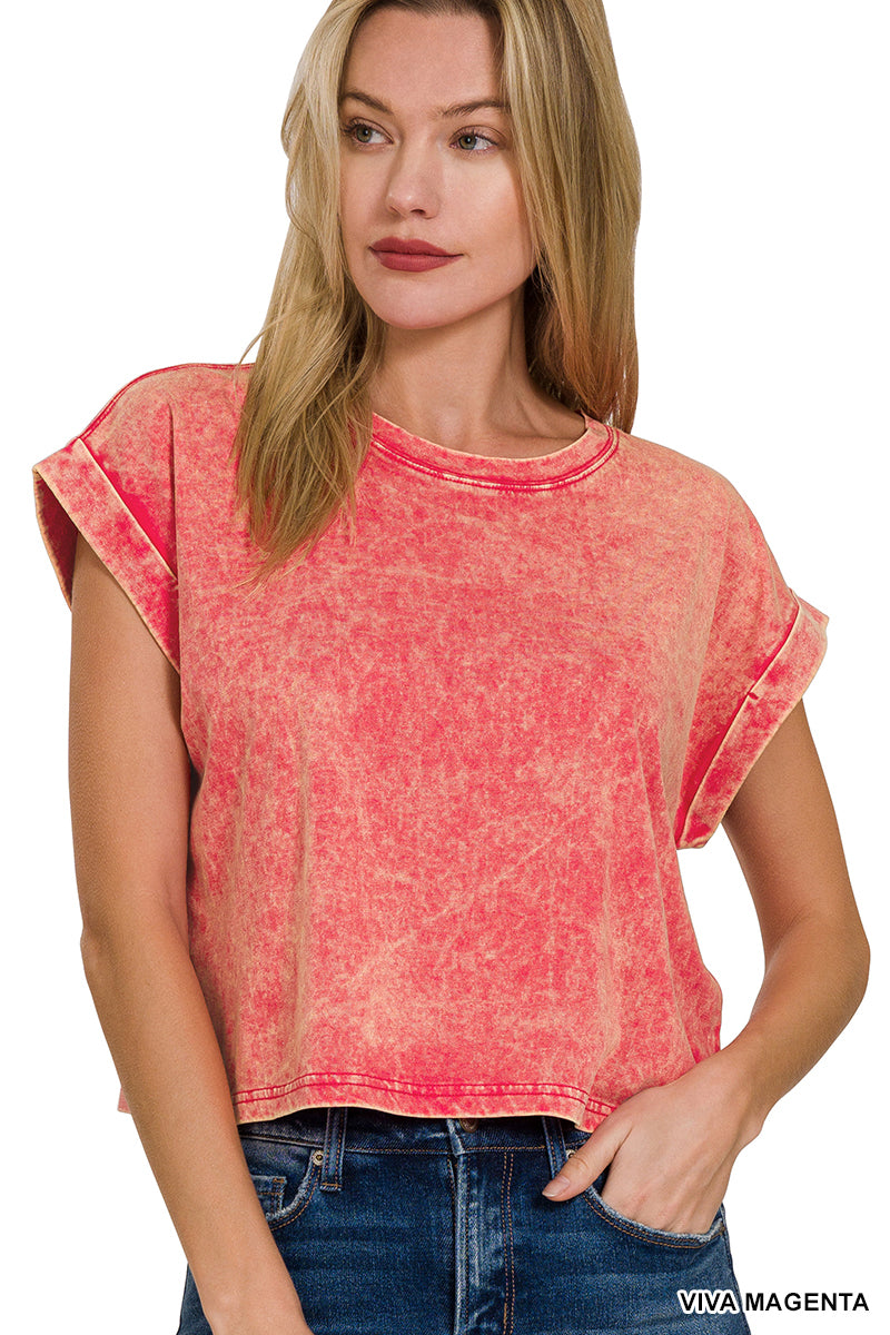 Washed cotton cuffed short sleeve top