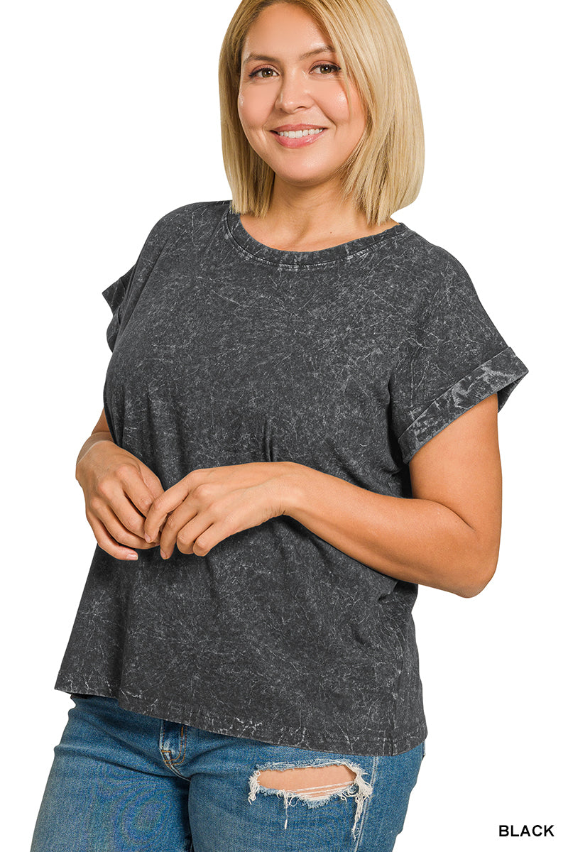 Womens Plus crinkle washed round neck folded short sleeve tee