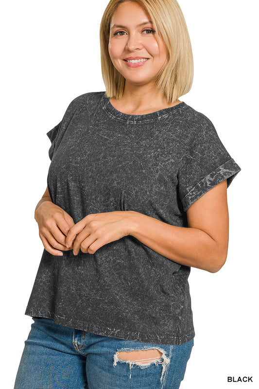 Womens Plus crinkle washed round neck folded short sleeve tee