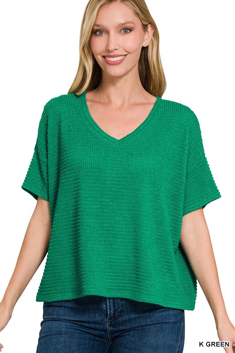 WOMENS DROP SHOULDER SHORT SLEEVE JACQUARD SWEATER