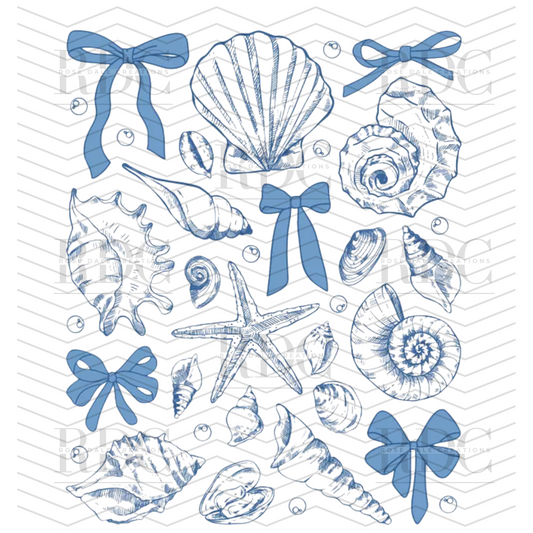Sea Shells & Bows Blue Ready to Press DTF