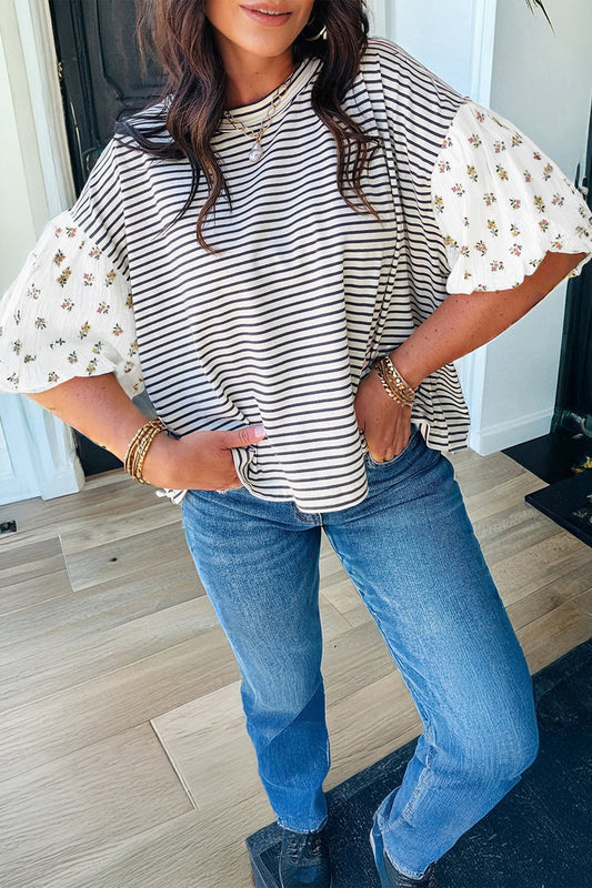 Womens Black Stripe Floral Puff Sleeve Patchwork Round Neck Loose Top