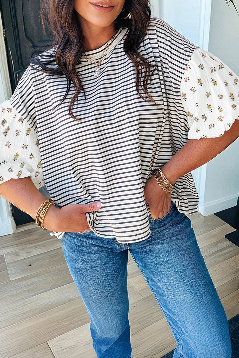 Womens Black Stripe Floral Puff Sleeve Patchwork Round Neck Loose Top