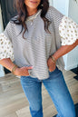 Womens Black Stripe Floral Puff Sleeve Patchwork Round Neck Loose Top