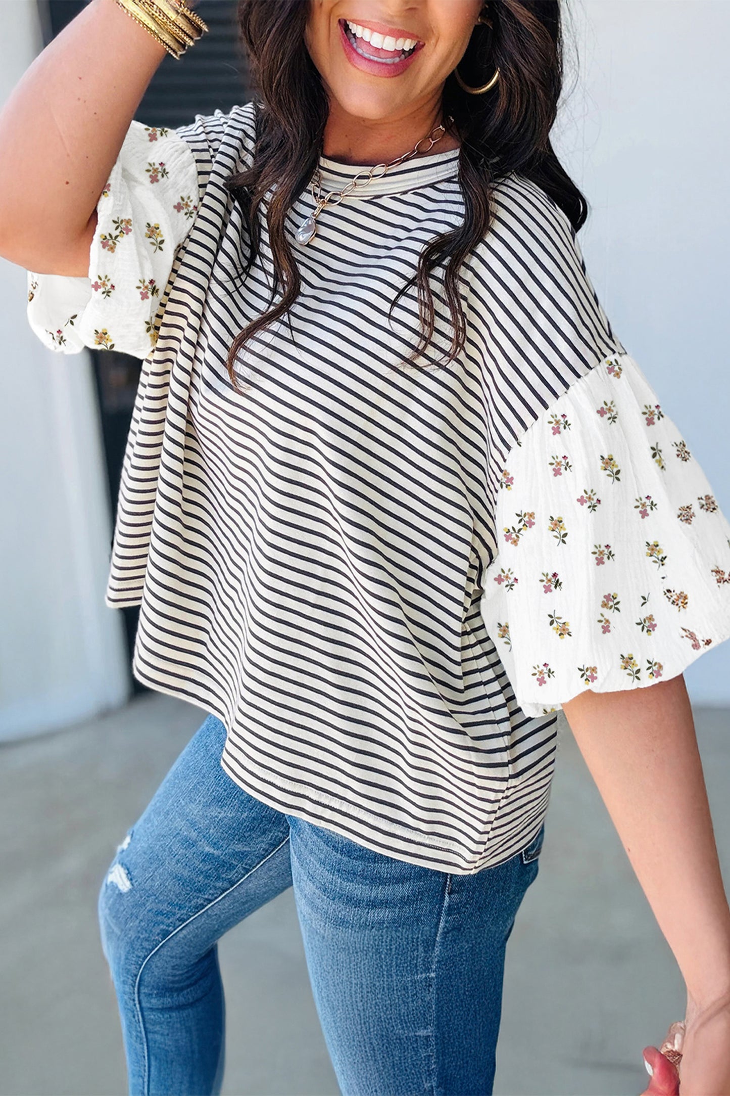 Womens Black Stripe Floral Puff Sleeve Patchwork Round Neck Loose Top