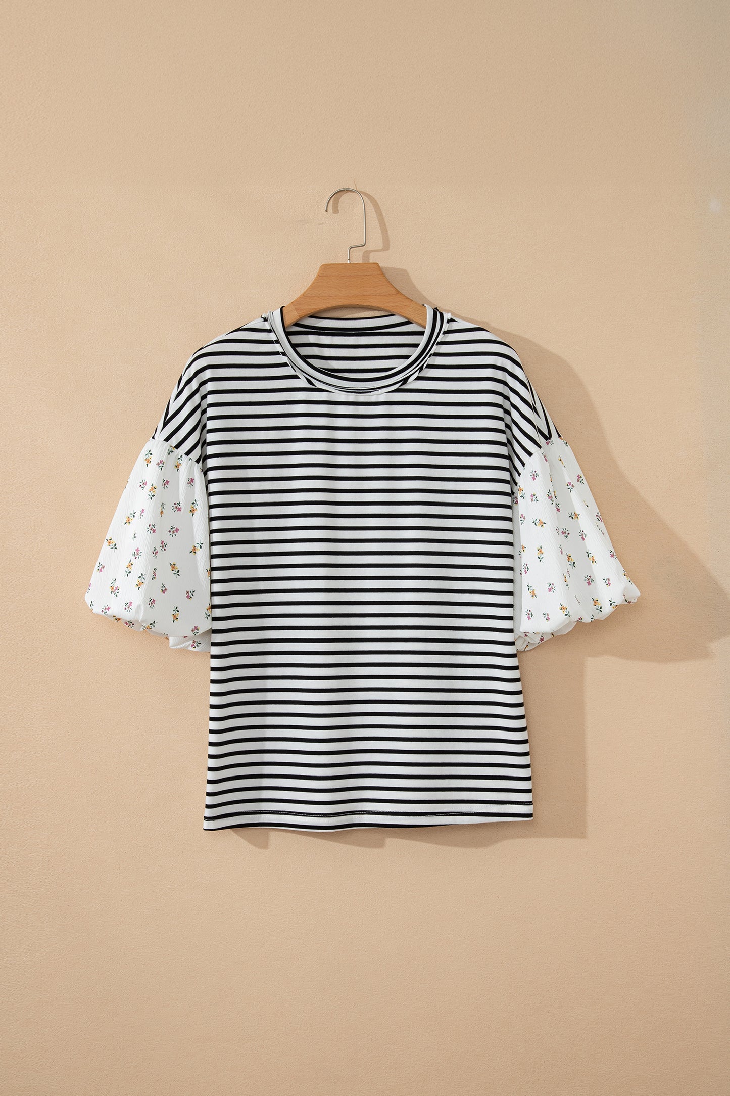 Womens Black Stripe Floral Puff Sleeve Patchwork Round Neck Loose Top