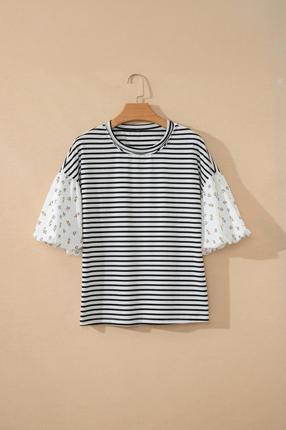 Womens Black Stripe Floral Puff Sleeve Patchwork Round Neck Loose Top