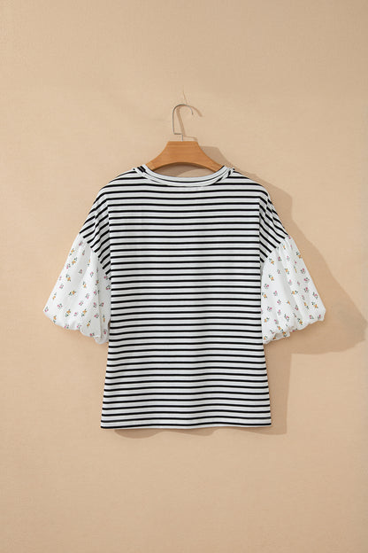Womens Black Stripe Floral Puff Sleeve Patchwork Round Neck Loose Top