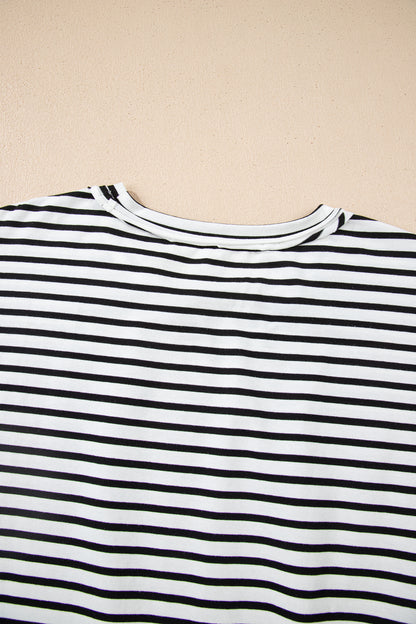 Womens Black Stripe Floral Puff Sleeve Patchwork Round Neck Loose Top