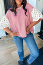 Womens Black Stripe Floral Puff Sleeve Patchwork Round Neck Loose Top