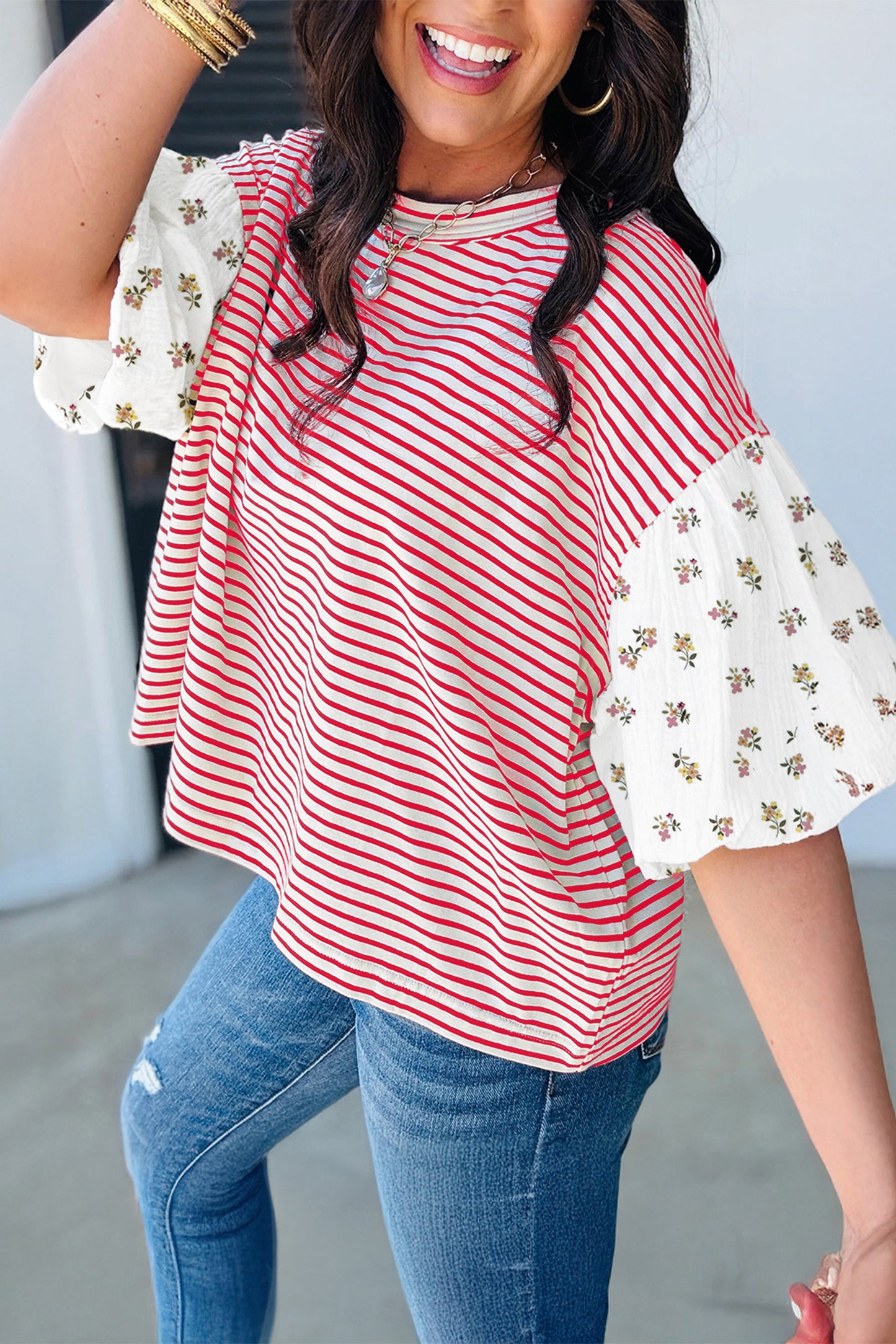Womens Black Stripe Floral Puff Sleeve Patchwork Round Neck Loose Top
