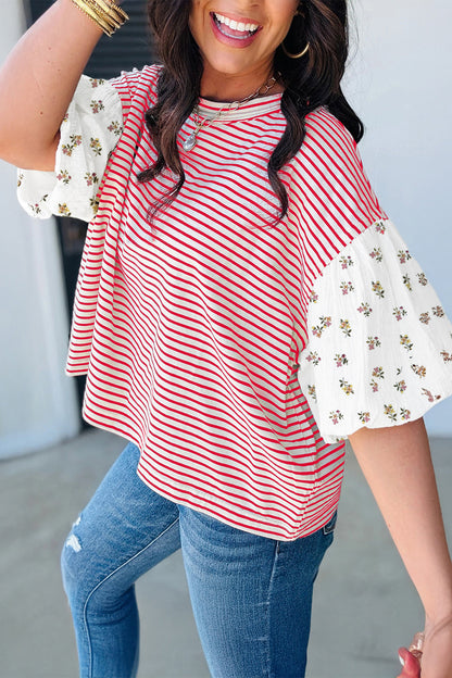 Womens Black Stripe Floral Puff Sleeve Patchwork Round Neck Loose Top