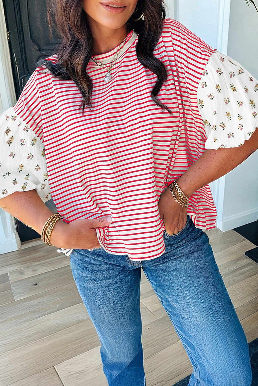 Womens Black Stripe Floral Puff Sleeve Patchwork Round Neck Loose Top