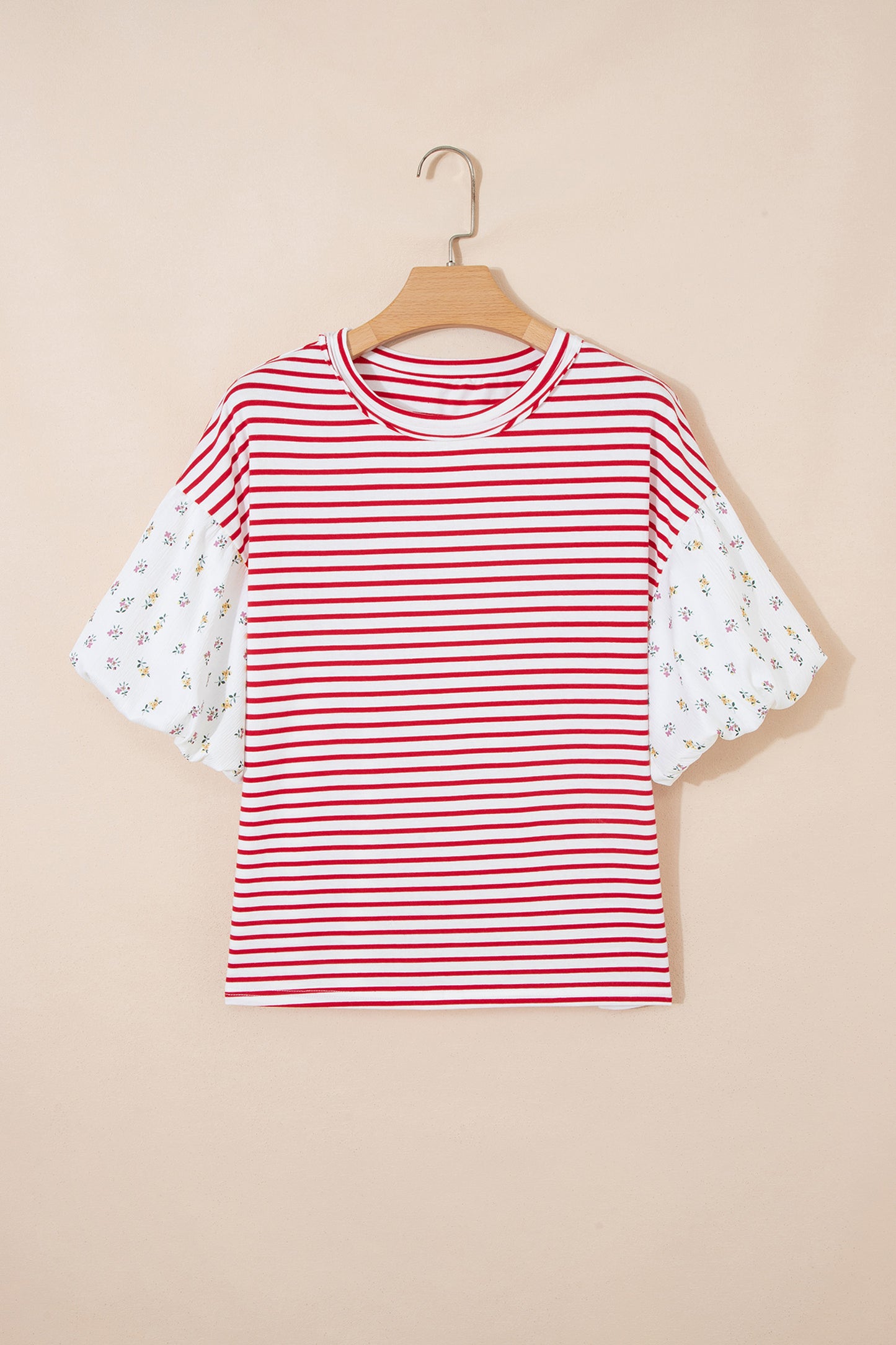 Womens Black Stripe Floral Puff Sleeve Patchwork Round Neck Loose Top