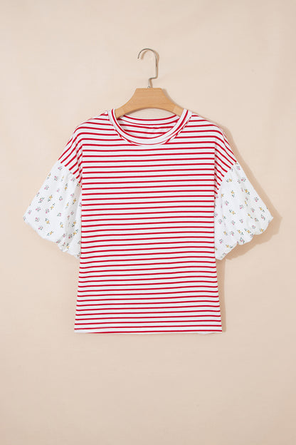 Womens Black Stripe Floral Puff Sleeve Patchwork Round Neck Loose Top