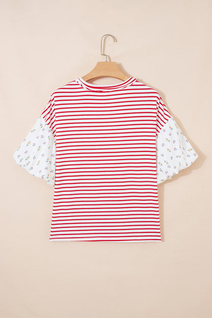 Womens Black Stripe Floral Puff Sleeve Patchwork Round Neck Loose Top