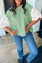 Womens Black Stripe Floral Puff Sleeve Patchwork Round Neck Loose Top