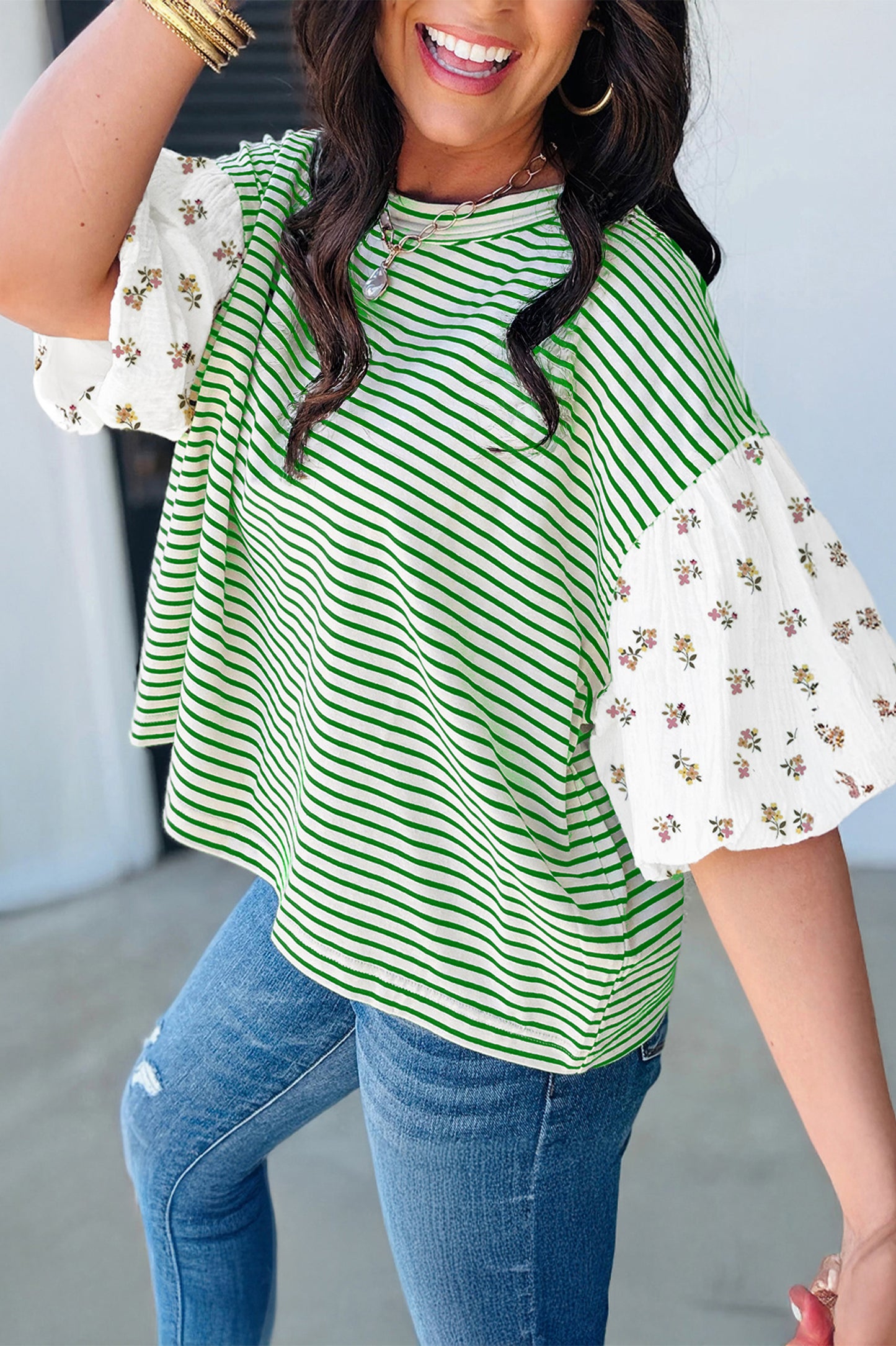 Womens Black Stripe Floral Puff Sleeve Patchwork Round Neck Loose Top
