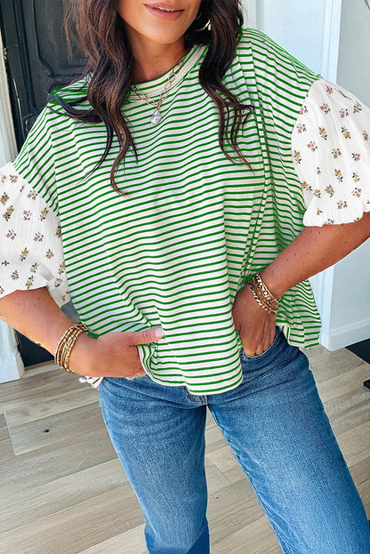 Womens Black Stripe Floral Puff Sleeve Patchwork Round Neck Loose Top