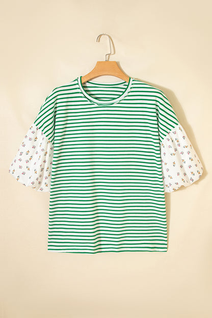 Womens Black Stripe Floral Puff Sleeve Patchwork Round Neck Loose Top